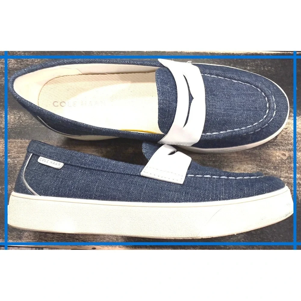Cole Haan GrandOS Women Blue Denim White Leather Penny Loafers Platform Shoes